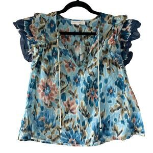 House of Harlow 1960 Blue Boho Flutter Sleeve Tassel Tie Top Medium
